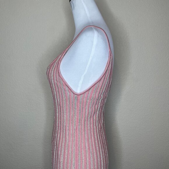 H&M Pink & Silver Metallic Pleated Midi Dress Shimmer Knit Cami Size Medium - Picture 4 of 14